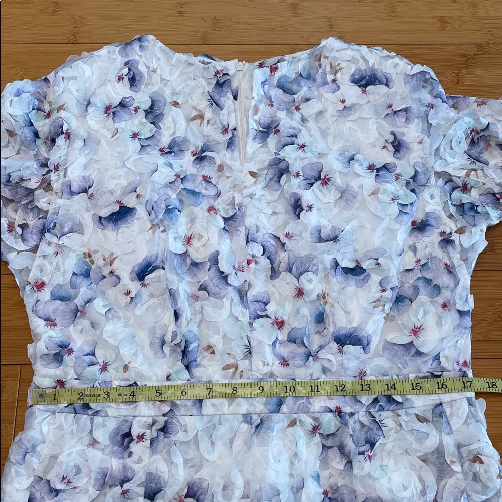 Nora Noh Indigo Pansy Dress Women’s Size 12 Floral 3D Midi 3/4 Sleeve Split Neck - Picture 13 of 16